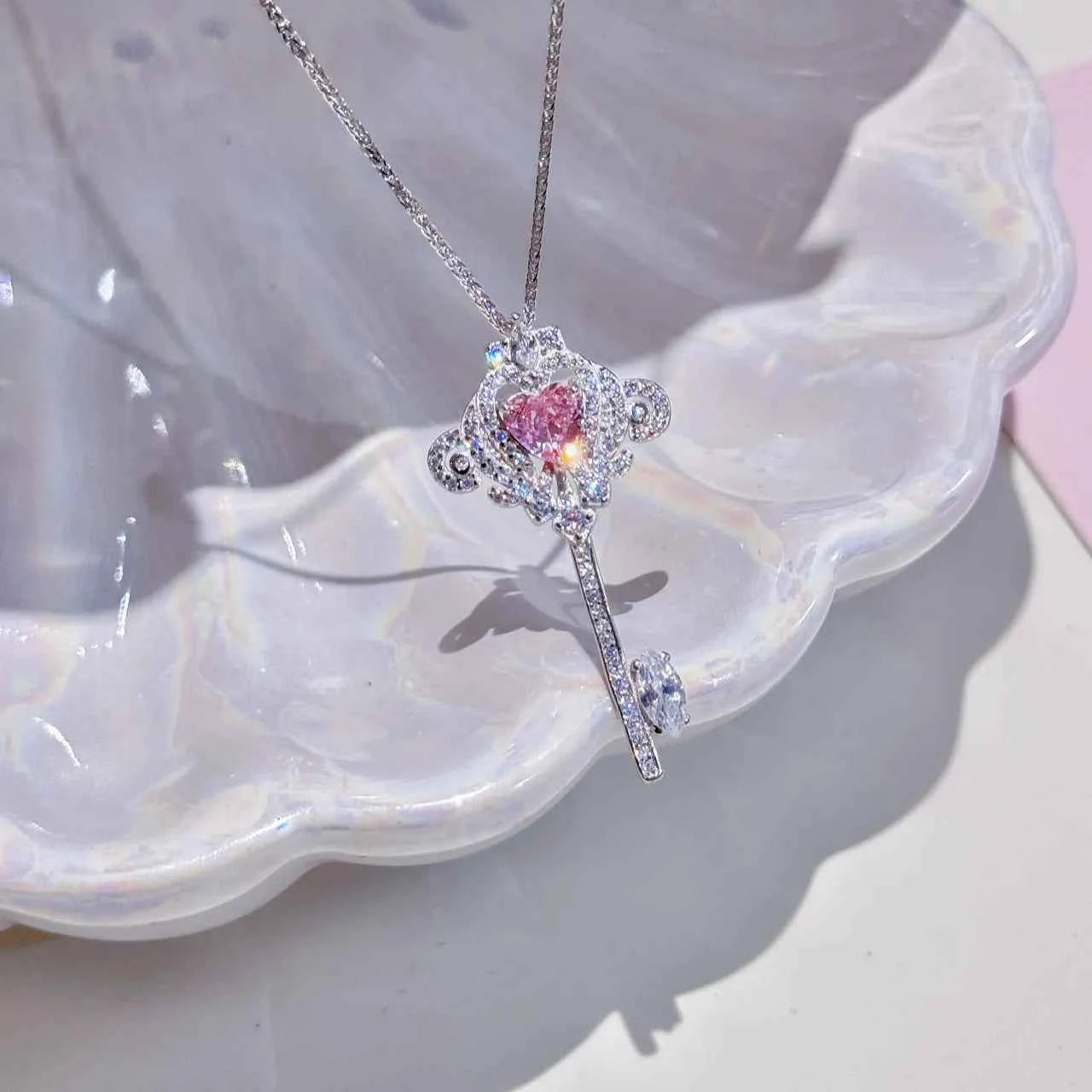 "Princess Key" 925 Sterling Silver Necklace with Pink Zircon - Sweet, Elegant, and Royal