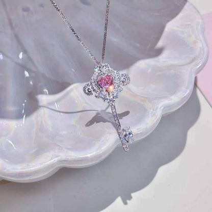 "Princess Key" 925 Sterling Silver Necklace with Pink Zircon - Sweet, Elegant, and Royal