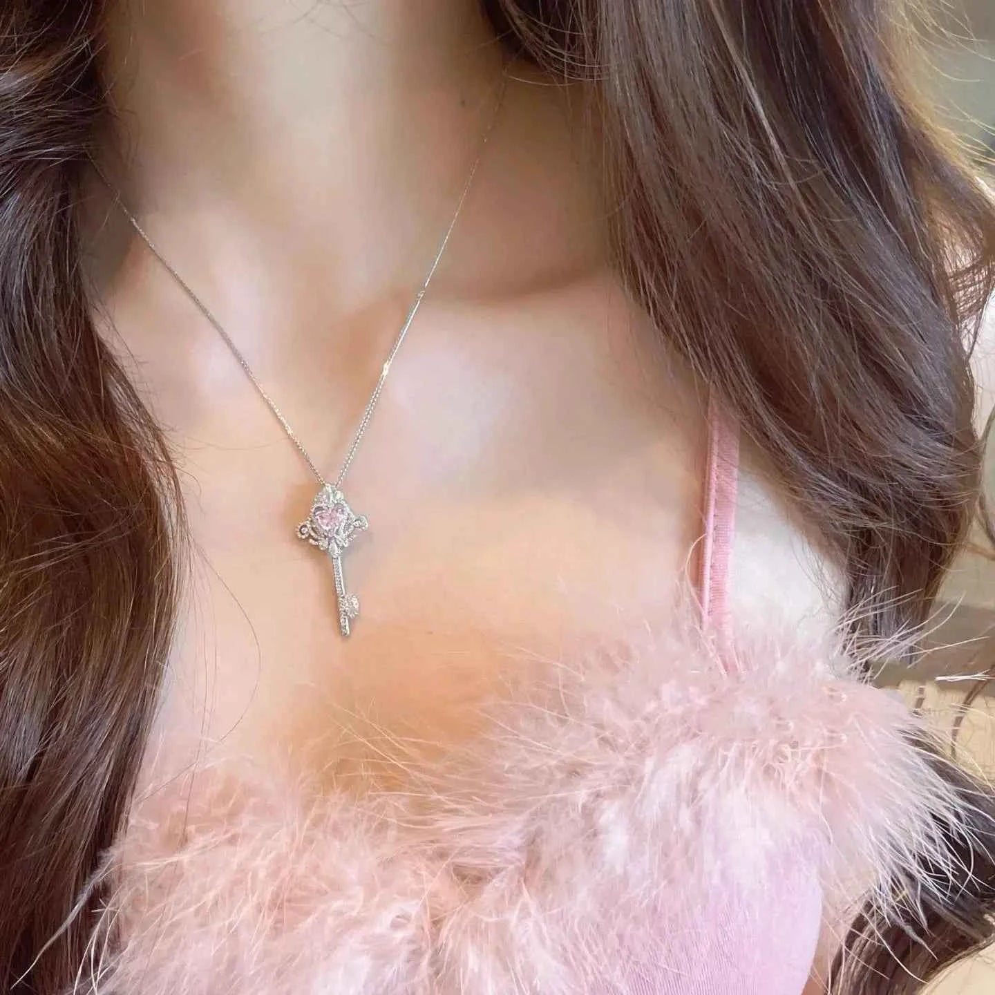 "Princess Key" 925 Sterling Silver Necklace with Pink Zircon - Sweet, Elegant, and Royal
