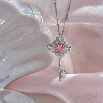 "Princess Key" 925 Sterling Silver Necklace with Pink Zircon - Sweet, Elegant, and Royal