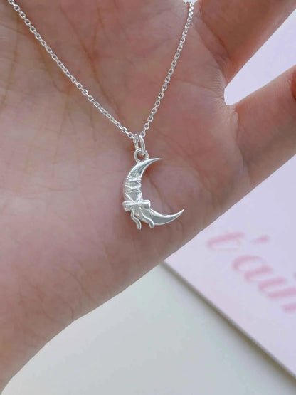 "Yours Only Moon" 925 Sterling Silver Bowknot Moon Necklace - Unique, Elegant, and Mystical