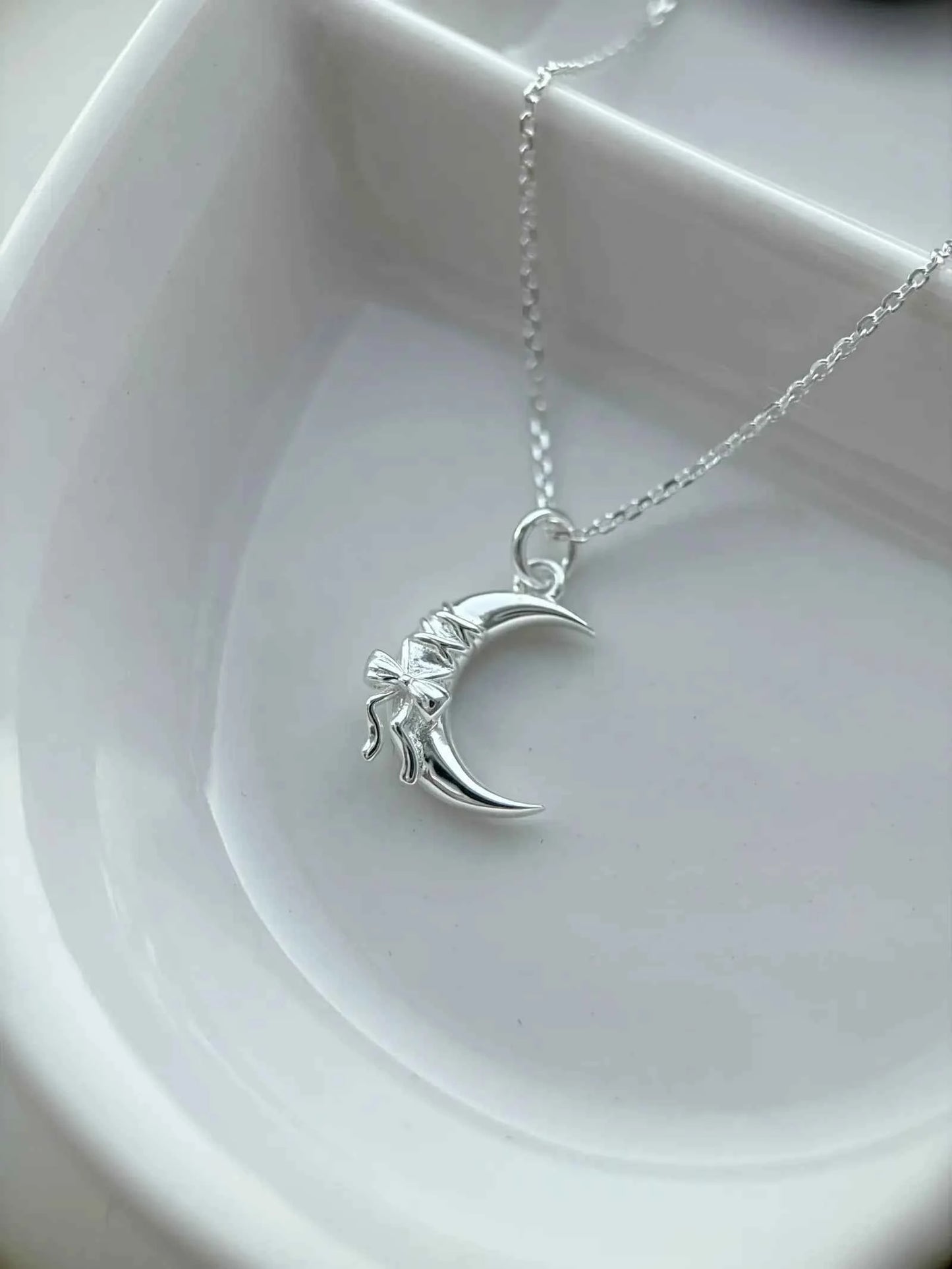 "Yours Only Moon" 925 Sterling Silver Bowknot Moon Necklace - Unique, Elegant, and Mystical
