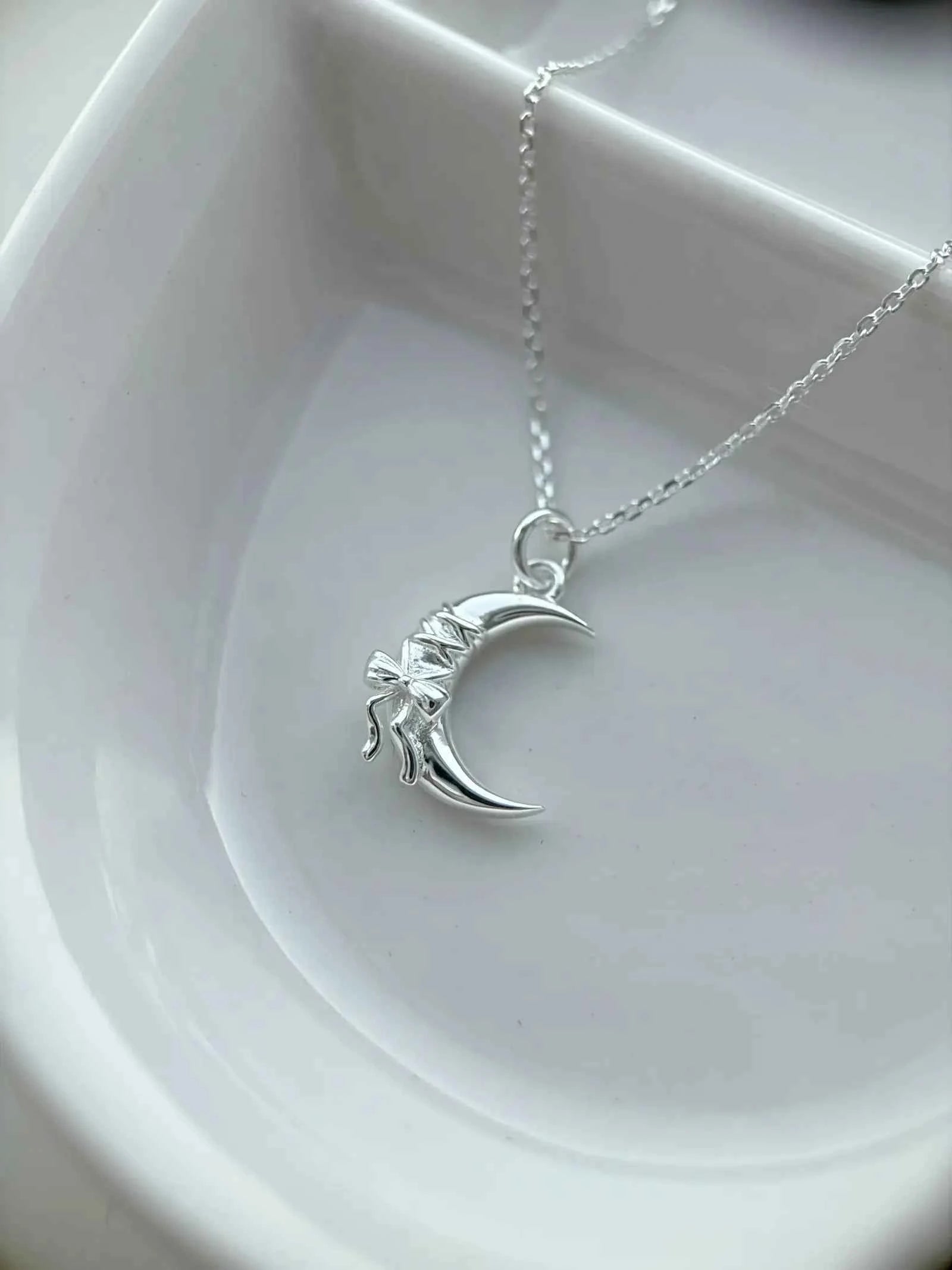 "Yours Only Moon" 925 Sterling Silver Bowknot Moon Necklace - Unique, Elegant, and Mystical