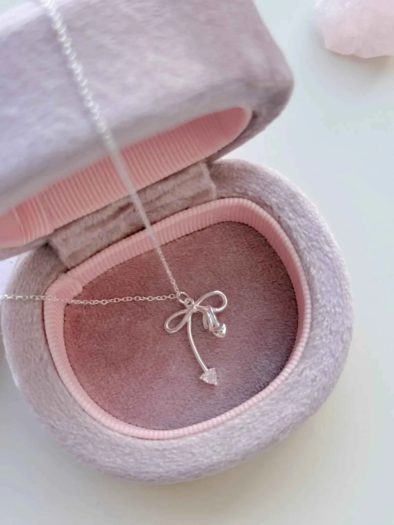 "Charming Bow Cherry" 925 Sterling Silver Zircon Necklace - Delicate, Elegant, and Unique