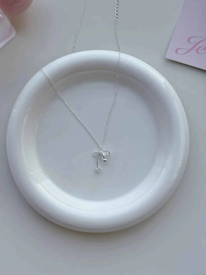 "Charming Bow Cherry" 925 Sterling Silver Zircon Necklace - Delicate, Elegant, and Unique