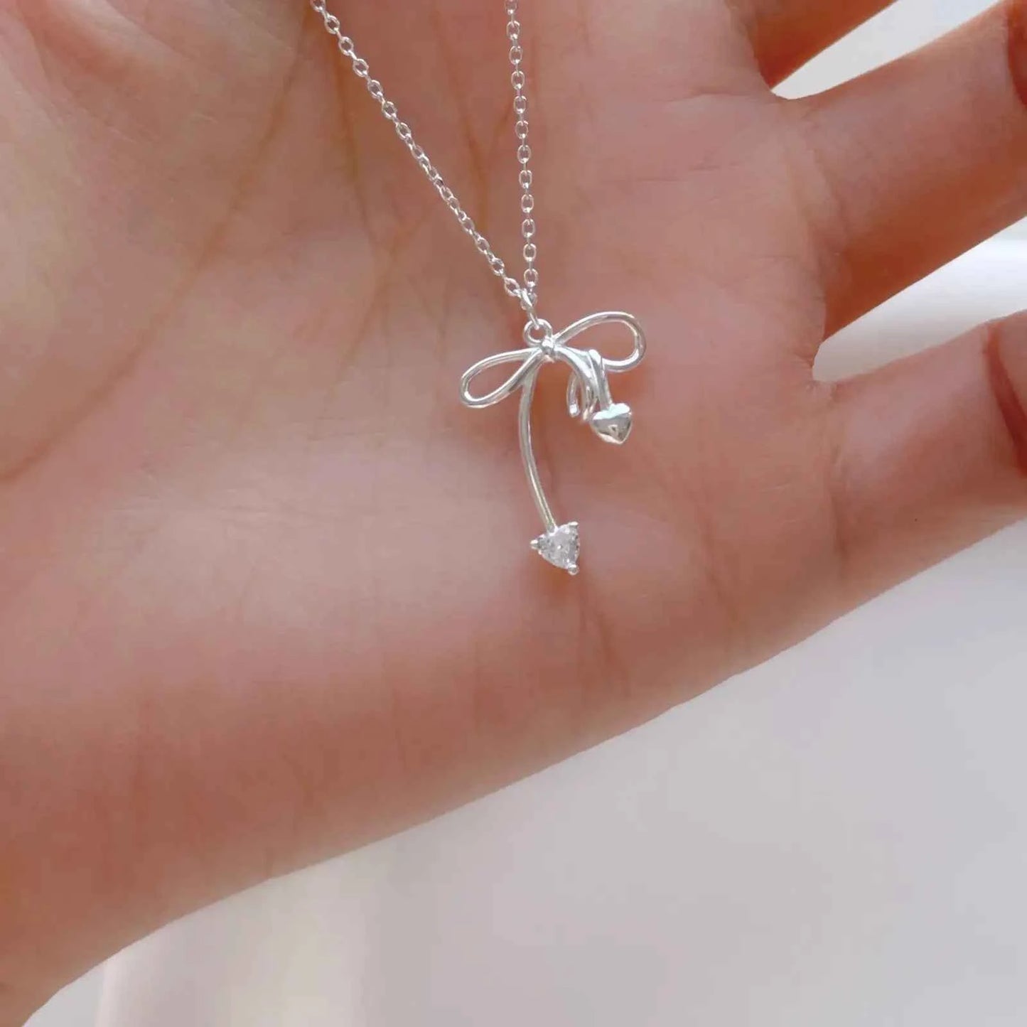 "Charming Bow Cherry" 925 Sterling Silver Zircon Necklace - Delicate, Elegant, and Unique