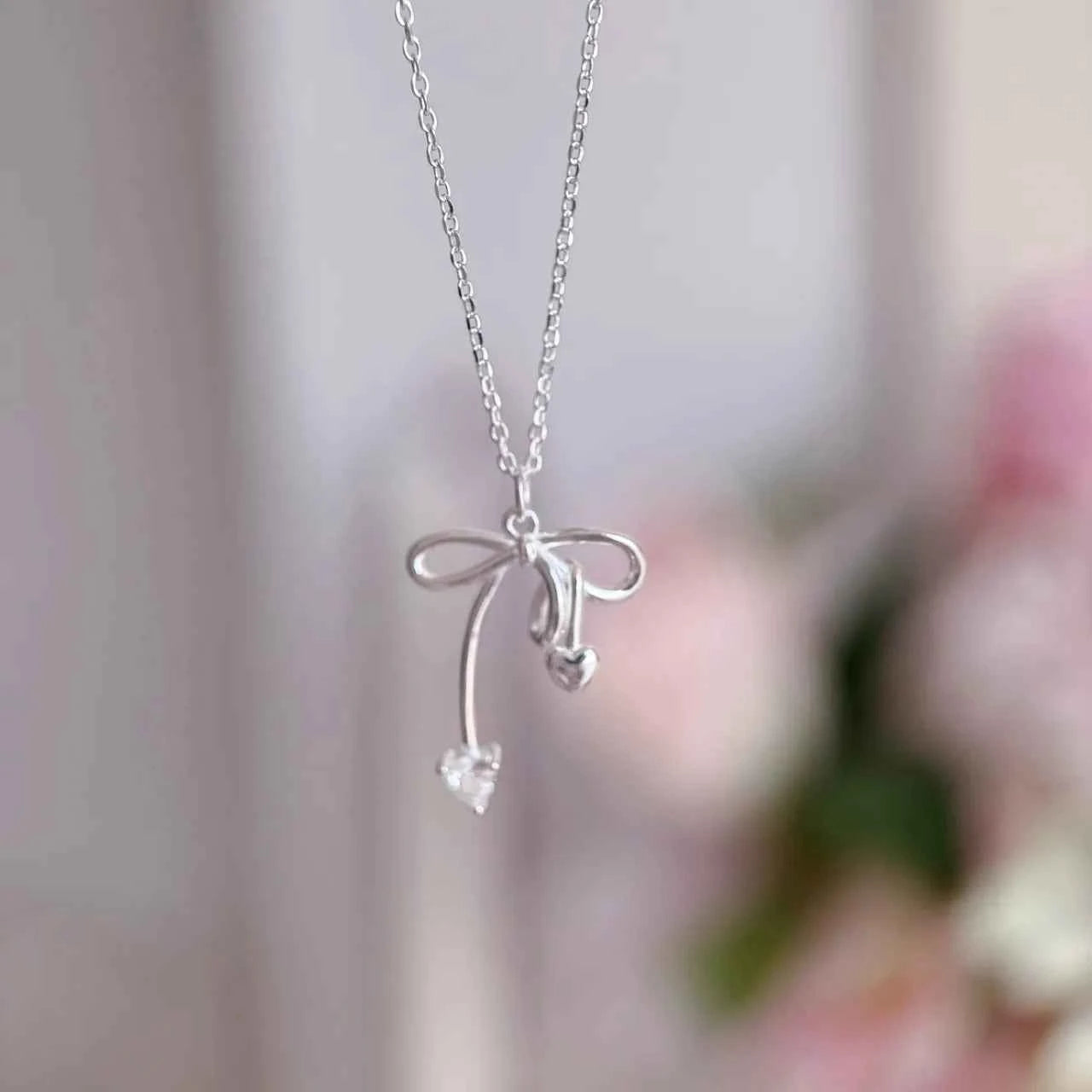 "Charming Bow Cherry" 925 Sterling Silver Zircon Necklace - Delicate, Elegant, and Unique