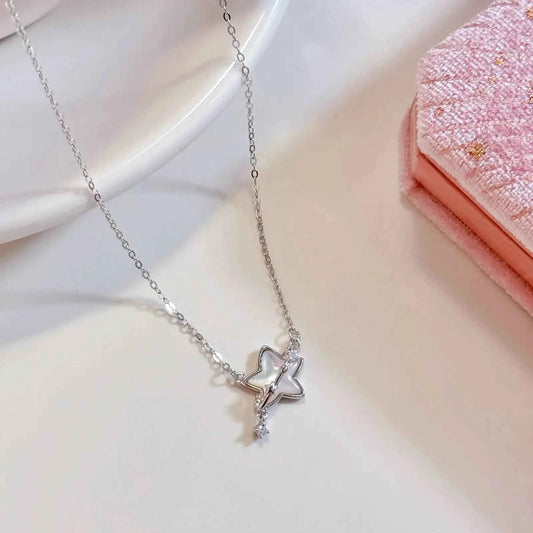 "Mother-of-Pearl Starlight" 925 Sterling Silver Necklace with Zircon - Delicate, Elegant, and Unique
