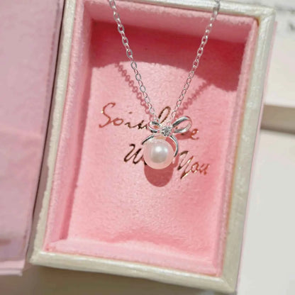 "Sweet Pearl Bow" 925 Sterling Silver Necklace with Zircon and Pearls - Delicate, Sweet, and Elegant