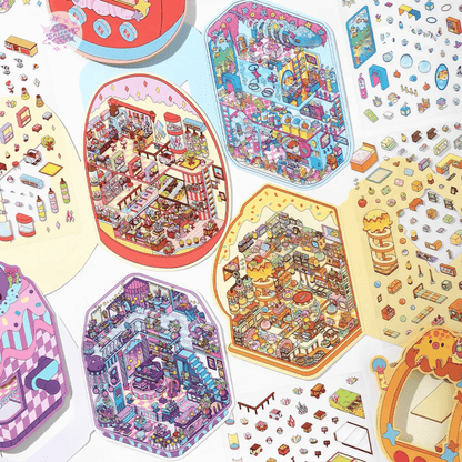 Fantasy Arcade – Flip-Open Design 3D Sticker Set – 4 Theme Scenes: Undersea Lab | Candy Game Center | Starry Music Hall | Crystal Gem Collector's Room