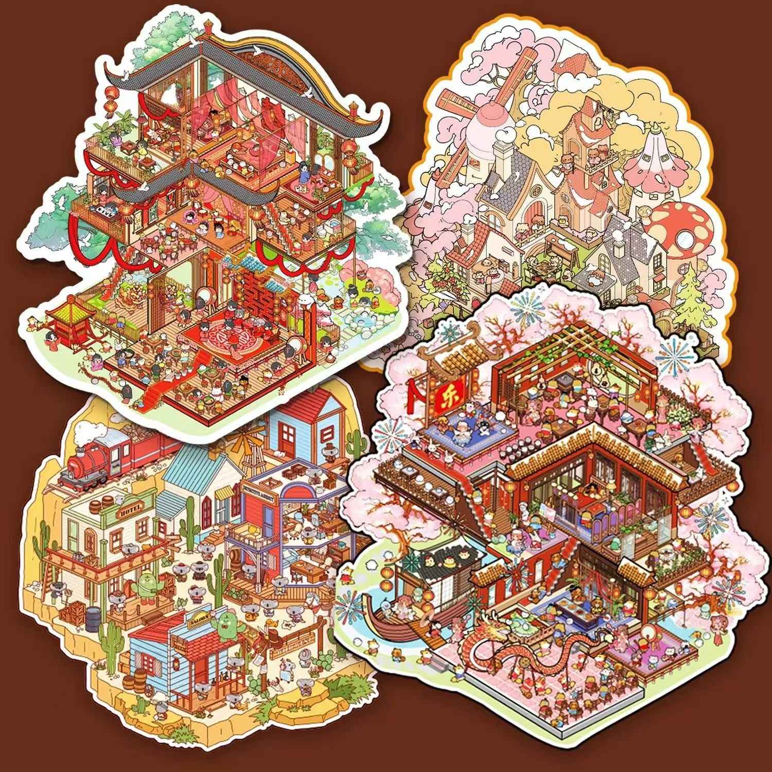 Plus Millennium Series – 3D Miniature Sticker Scenes - 6 Theme Sets: Millennium Era | Western Town | Miracle Commercial Street | Ge Ge Wedding | Ge Ge Garden Party | Forest Camping