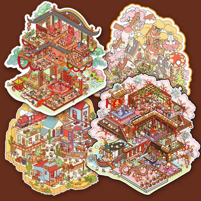 Plus Millennium Series – 3D Miniature Sticker Scenes - 6 Theme Sets: Millennium Era | Western Town | Miracle Commercial Street | Ge Ge Wedding | Ge Ge Garden Party | Forest Camping