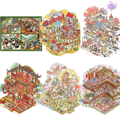 Plus Millennium Series – 3D Miniature Sticker Scenes - 6 Theme Sets: Millennium Era | Western Town | Miracle Commercial Street | Ge Ge Wedding | Ge Ge Garden Party | Forest Camping