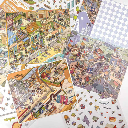 Courtyard Life – 3D Miniature Sticker Scenes - 6 Theme Sets: Snake Blessing | Cliffside Shelter | Japanese Town | Mediterranean Summer | Time Drawer | Courtyard Life
