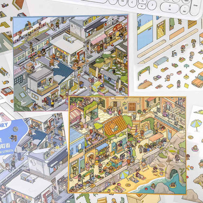 Courtyard Life – 3D Miniature Sticker Scenes - 6 Theme Sets: Snake Blessing | Cliffside Shelter | Japanese Town | Mediterranean Summer | Time Drawer | Courtyard Life