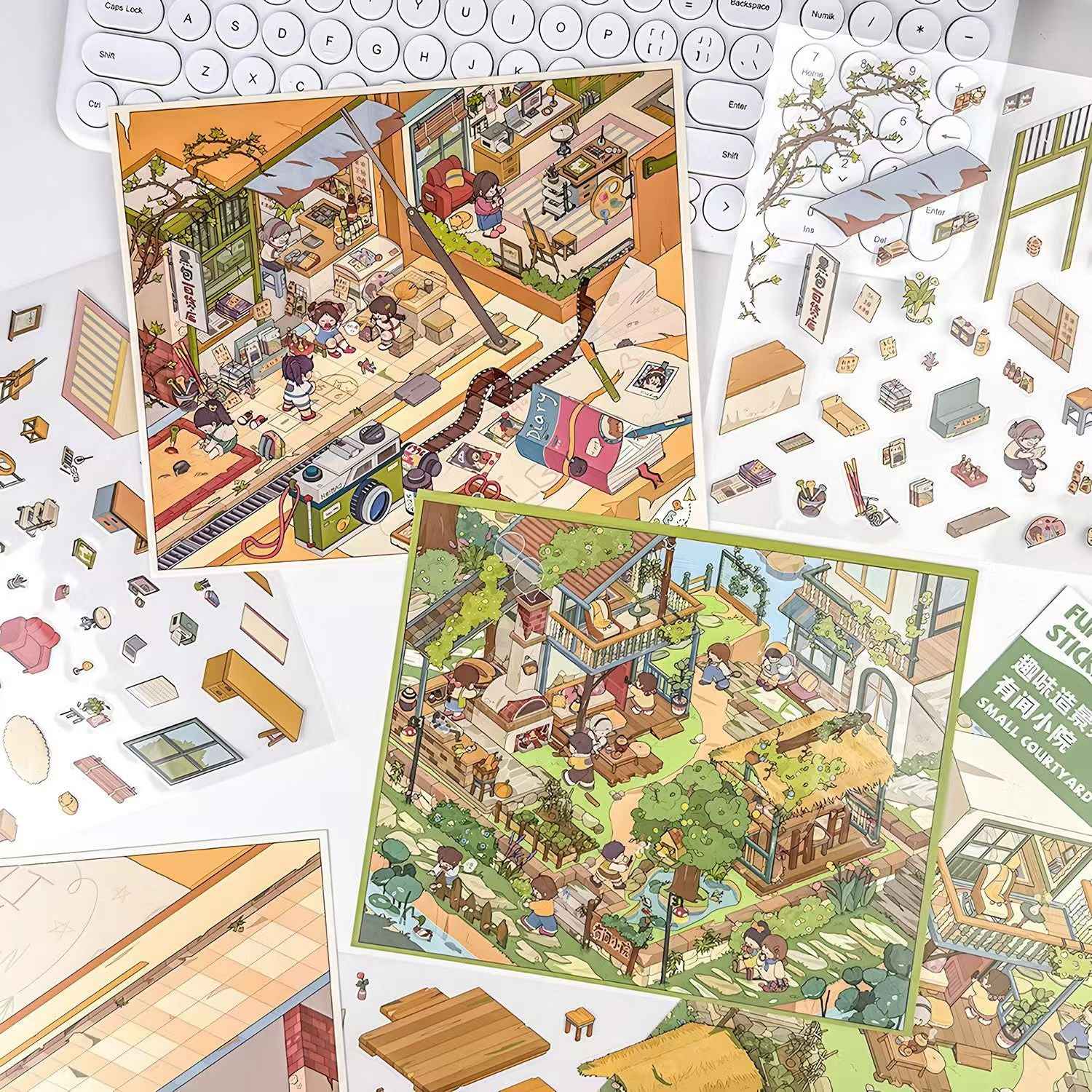 Courtyard Life – 3D Miniature Sticker Scenes - 6 Theme Sets: Snake Blessing | Cliffside Shelter | Japanese Town | Mediterranean Summer | Time Drawer | Courtyard Life