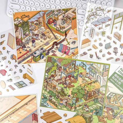 Courtyard Life – 3D Miniature Sticker Scenes - 6 Theme Sets: Snake Blessing | Cliffside Shelter | Japanese Town | Mediterranean Summer | Time Drawer | Courtyard Life