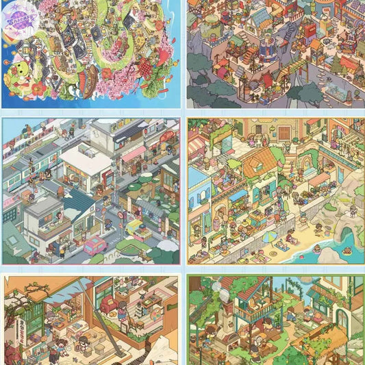 Courtyard Life – 3D Miniature Sticker Scenes - 6 Theme Sets: Snake Blessing | Cliffside Shelter | Japanese Town | Mediterranean Summer | Time Drawer | Courtyard Life
