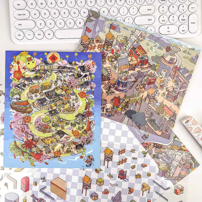 Courtyard Life – 3D Miniature Sticker Scenes - 6 Theme Sets: Snake Blessing | Cliffside Shelter | Japanese Town | Mediterranean Summer | Time Drawer | Courtyard Life
