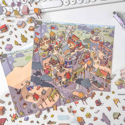 Courtyard Life – 3D Miniature Sticker Scenes - 6 Theme Sets: Snake Blessing | Cliffside Shelter | Japanese Town | Mediterranean Summer | Time Drawer | Courtyard Life