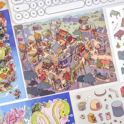 Courtyard Life – 3D Miniature Sticker Scenes - 6 Theme Sets: Snake Blessing | Cliffside Shelter | Japanese Town | Mediterranean Summer | Time Drawer | Courtyard Life