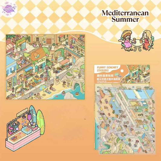 Courtyard Life – 3D Miniature Sticker Scenes - 6 Theme Sets: Snake Blessing | Cliffside Shelter | Japanese Town | Mediterranean Summer | Time Drawer | Courtyard Life