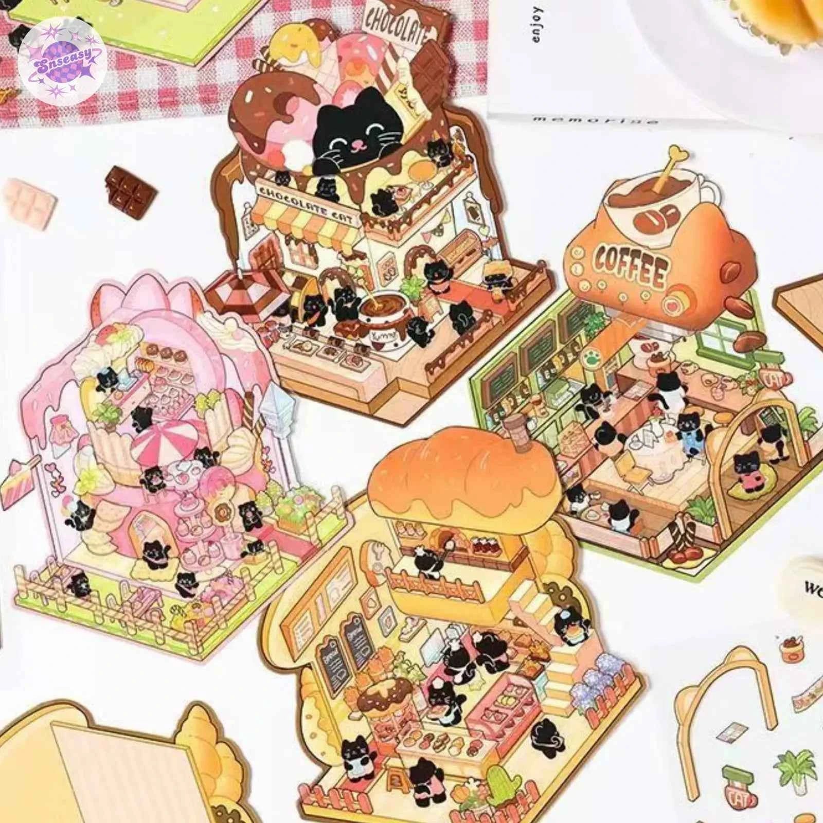 Cute Black Cat – 3D Miniature Sticker Scenes - 4 Theme Sets: Black Cat Café | Black Cat Dessert | Black Cat Chocolate | Black Cat Bakery