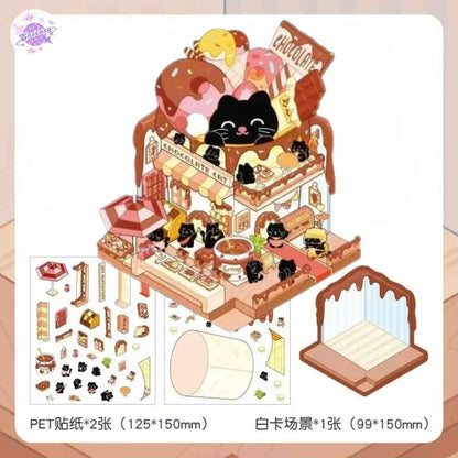 Cute Black Cat – 3D Miniature Sticker Scenes - 4 Theme Sets: Black Cat Café | Black Cat Dessert | Black Cat Chocolate | Black Cat Bakery