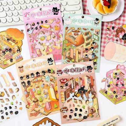 Cute Black Cat – 3D Miniature Sticker Scenes - 4 Theme Sets: Black Cat Café | Black Cat Dessert | Black Cat Chocolate | Black Cat Bakery