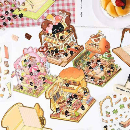 Cute Black Cat – 3D Miniature Sticker Scenes - 4 Theme Sets: Black Cat Café | Black Cat Dessert | Black Cat Chocolate | Black Cat Bakery