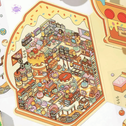 Fantasy Arcade – Flip-Open Design 3D Sticker Set – 4 Theme Scenes: Undersea Lab | Candy Game Center | Starry Music Hall | Crystal Gem Collector's Room