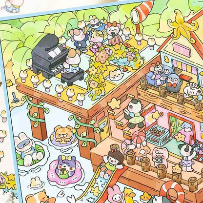 Plus Happy Town – 3D Miniature Sticker Scenes - 2 Theme Sets: Bread Workshop | Beach Party