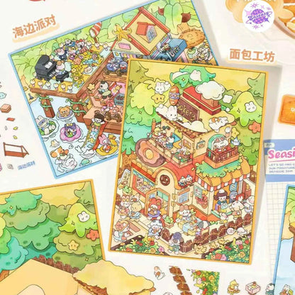 Plus Happy Town – 3D Miniature Sticker Scenes - 2 Theme Sets: Bread Workshop | Beach Party