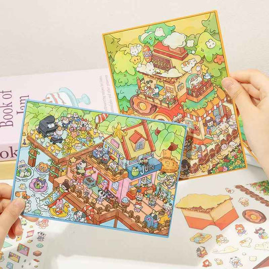 Plus Happy Town – 3D Miniature Sticker Scenes - 2 Theme Sets: Bread Workshop | Beach Party
