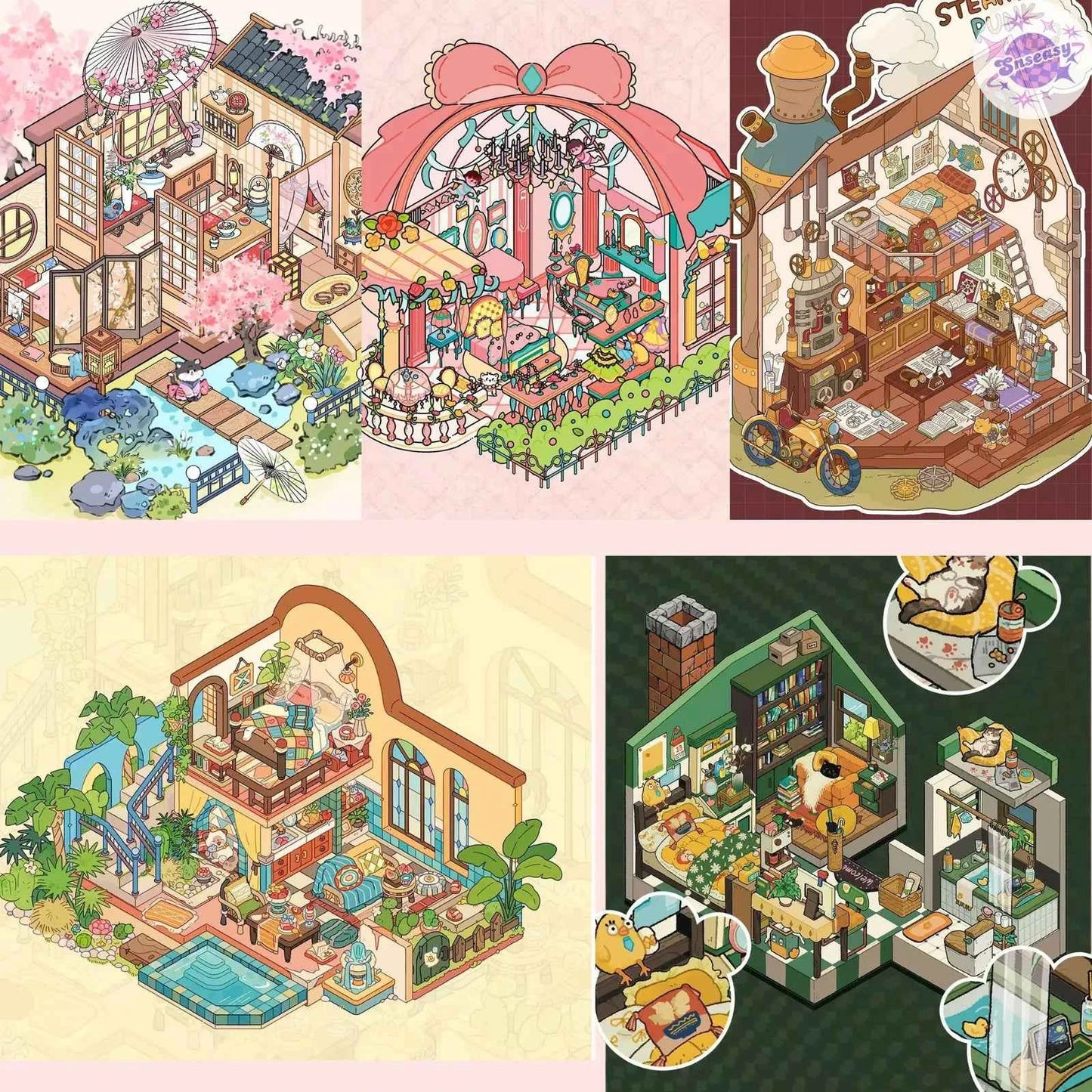 Original Art House – 3D Miniature Sticker Scenes - 5 Theme Sets: Japanese House | Moroccan House | Rococo House | Steampunk Mechanical House | Cat House