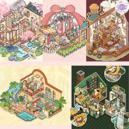 Original Art House – 3D Miniature Sticker Scenes - 5 Theme Sets: Japanese House | Moroccan House | Rococo House | Steampunk Mechanical House | Cat House