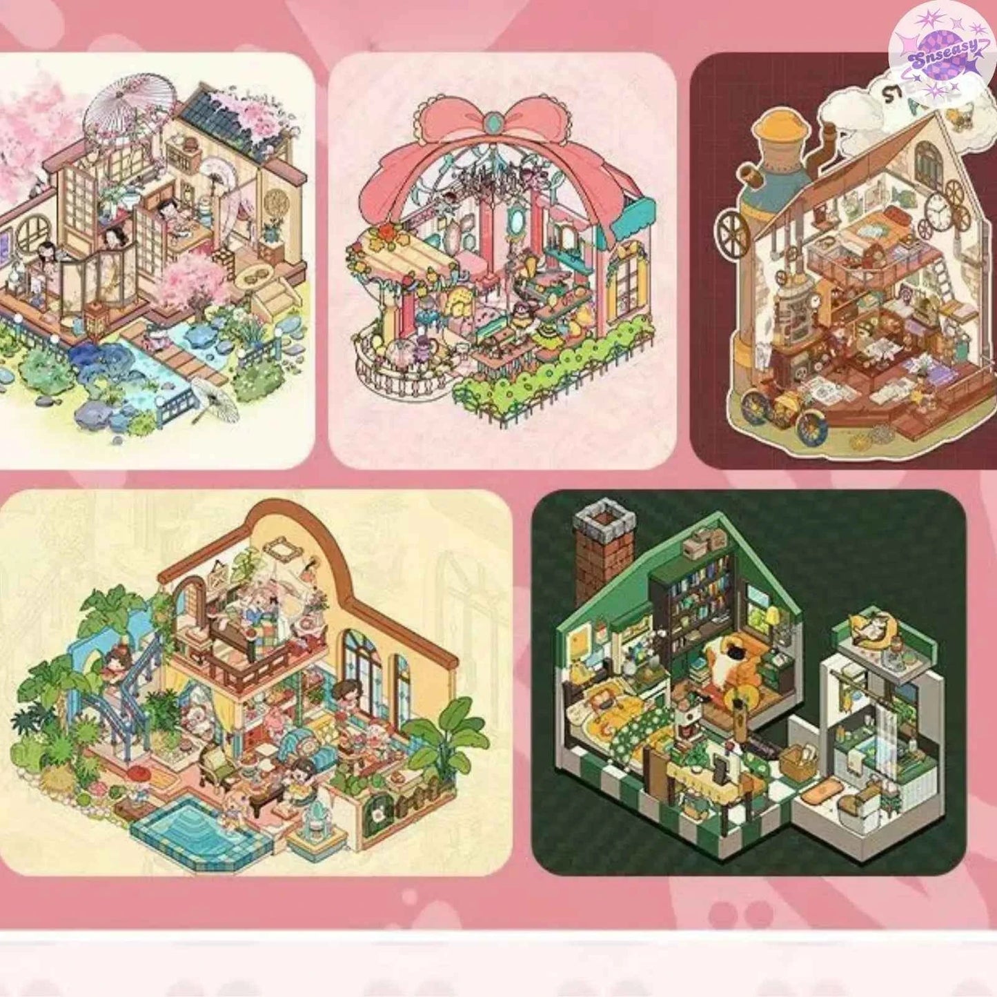 Original Art House – 3D Miniature Sticker Scenes - 5 Theme Sets: Japanese House | Moroccan House | Rococo House | Steampunk Mechanical House | Cat House