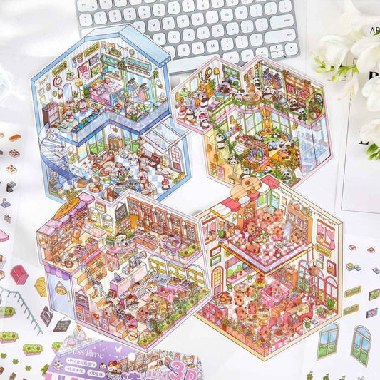 Plus Cozy Home – 3D Miniature Sticker Scenes - 4 Theme Sets: Dream Home | Capybara Home | Sweetheart Cottage | Panda House