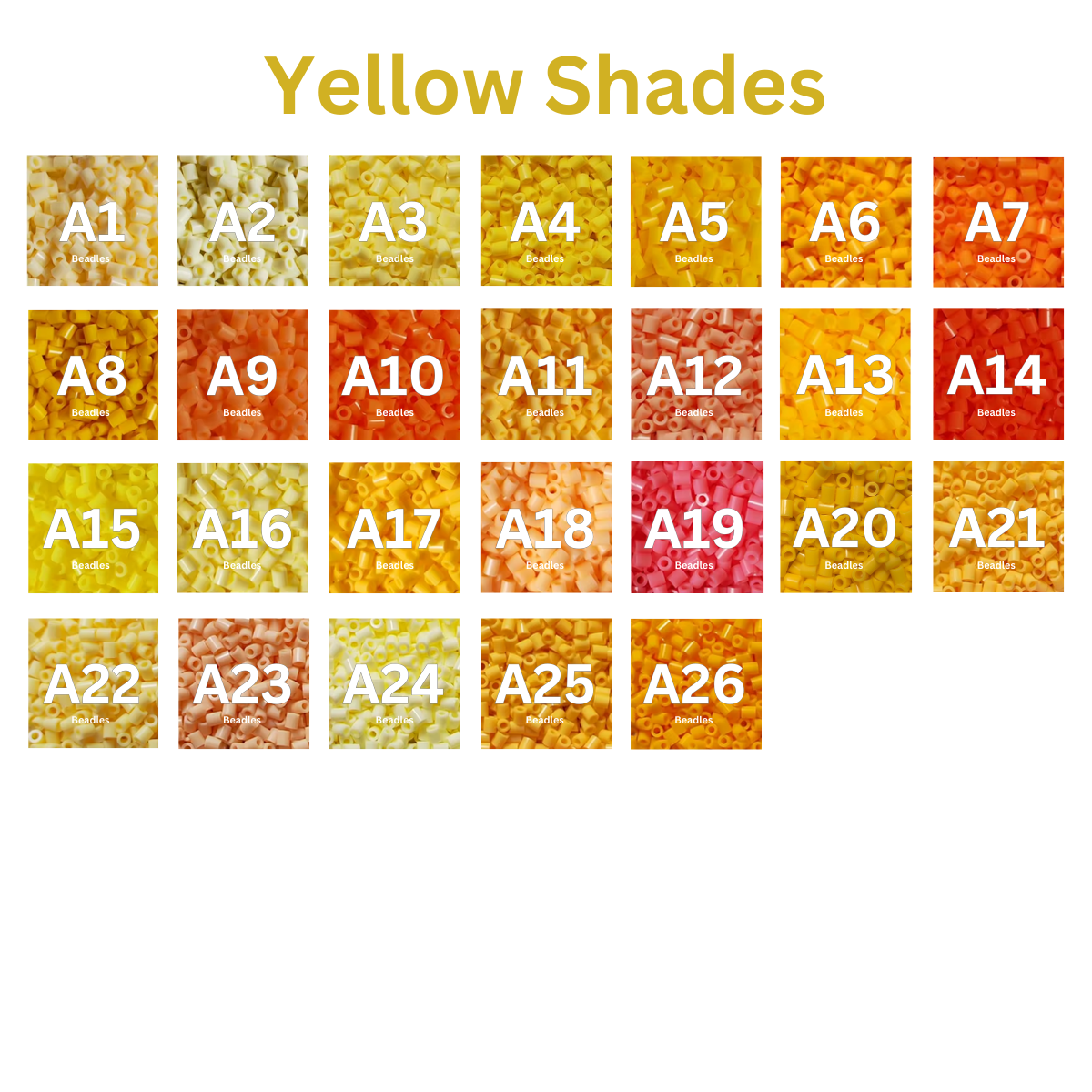 Yellow Shades – 2.6mm Mini Fuse Beads | 1000 Beads Per Color, 26 Yellow Tones (A1–A26)