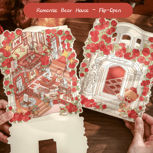 Romantic Bear House – Flip-Open 3D Miniature Scene Stickers – 4 Theme Sets: Romance Exhibition | Rose Collection Box | Elegant Afternoon Tea | Romantic Bakery