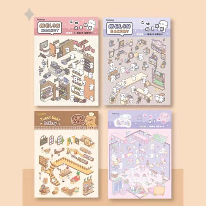 Melon Dog 3D Sticker Scenes - 4 Theme Sets: Bakery | Market | Elephant House | Toast Bear - SNSEASY