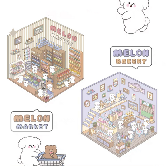 Melon Dog 3D Sticker Scenes - 4 Theme Sets: Bakery | Market | Elephant House | Toast Bear - SNSEASY