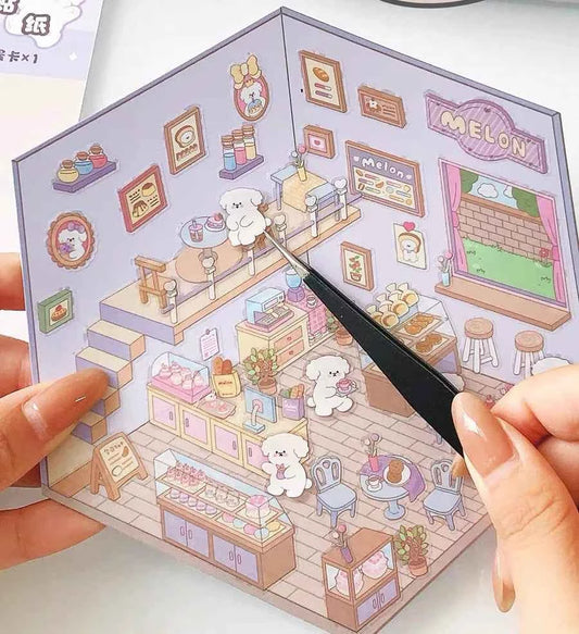 Melon Dog 3D Sticker Scenes - 4 Theme Sets: Bakery | Market | Elephant House | Toast Bear - SNSEASY