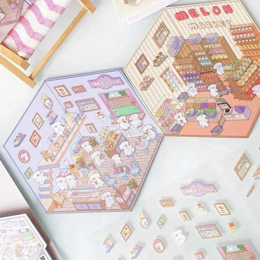 Melon Dog 3D Sticker Scenes - 4 Theme Sets: Bakery | Market | Elephant House | Toast Bear - SNSEASY