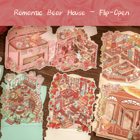 Romantic Bear House – Flip-Open 3D Miniature Scene Stickers – 4 Theme Sets: Romance Exhibition | Rose Collection Box | Elegant Afternoon Tea | Romantic Bakery