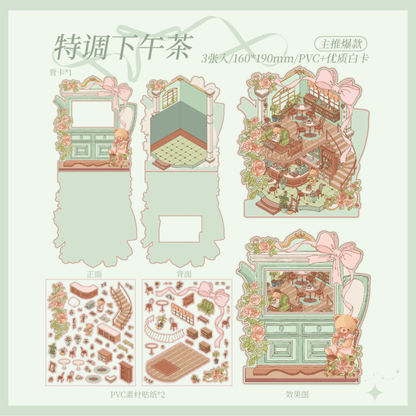 Romantic Bear House – Flip-Open 3D Miniature Scene Stickers – 4 Theme Sets: Romance Exhibition | Rose Collection Box | Elegant Afternoon Tea | Romantic Bakery