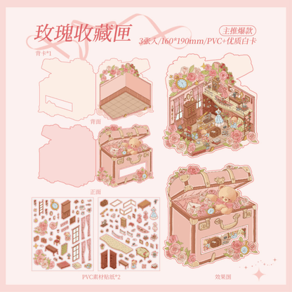Romantic Bear House – Flip-Open 3D Miniature Scene Stickers – 4 Theme Sets: Romance Exhibition | Rose Collection Box | Elegant Afternoon Tea | Romantic Bakery