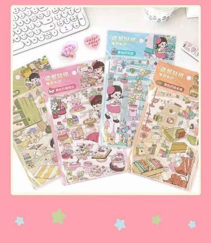 Cute Girl – 3D Miniature Sticker Scenes - 4 Theme Sets: Kitchen | Flower Shop | Art Store | Bakery
