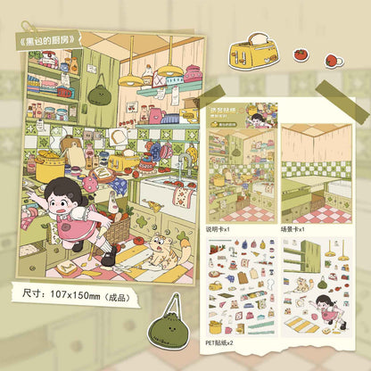 Cute Girl – 3D Miniature Sticker Scenes - 4 Theme Sets: Kitchen | Flower Shop | Art Store | Bakery