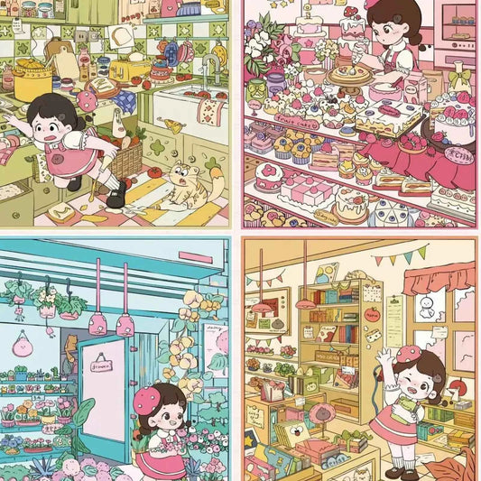Cute Girl – 3D Miniature Sticker Scenes - 4 Theme Sets: Kitchen | Flower Shop | Art Store | Bakery